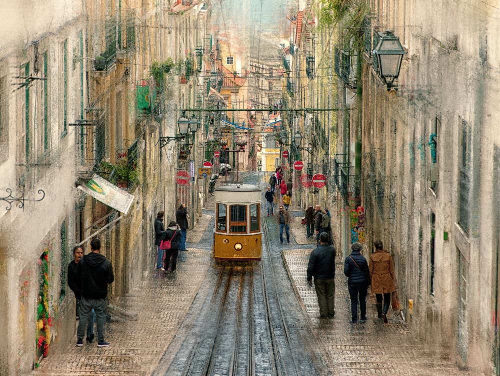 Charming Lisbon Street Tram by C.S. Tjandra — canvas wall art