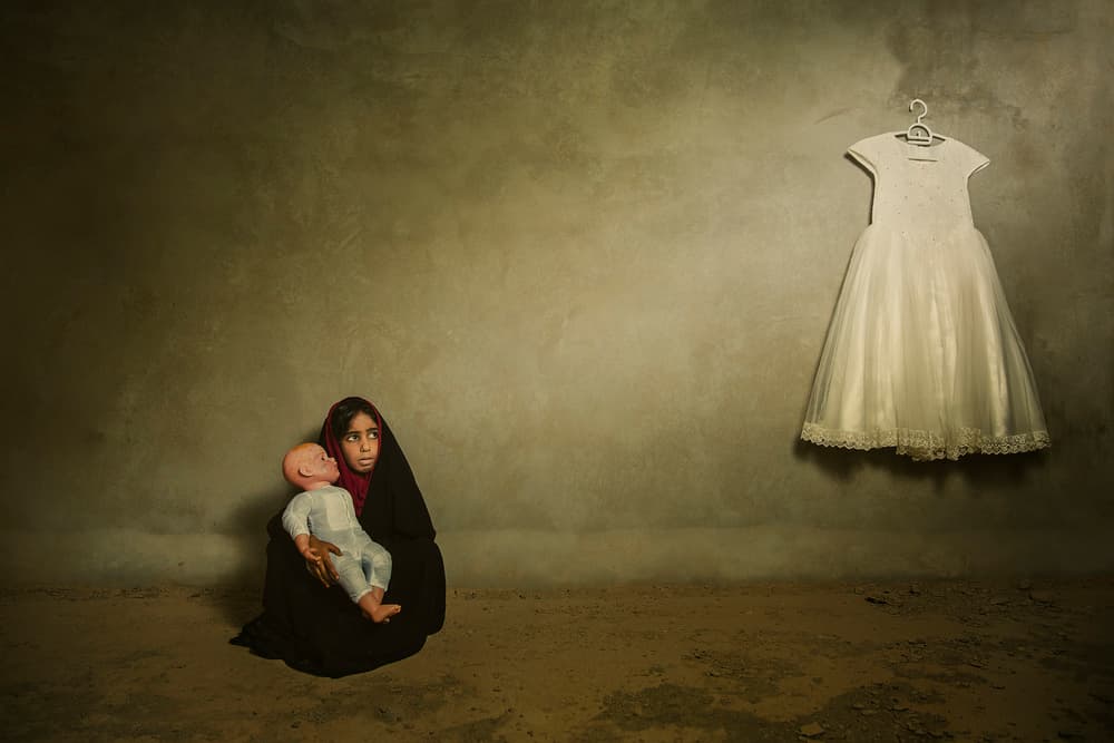 Pensive Girl White Dress by FATHI ALDARWISH — canvas wall art