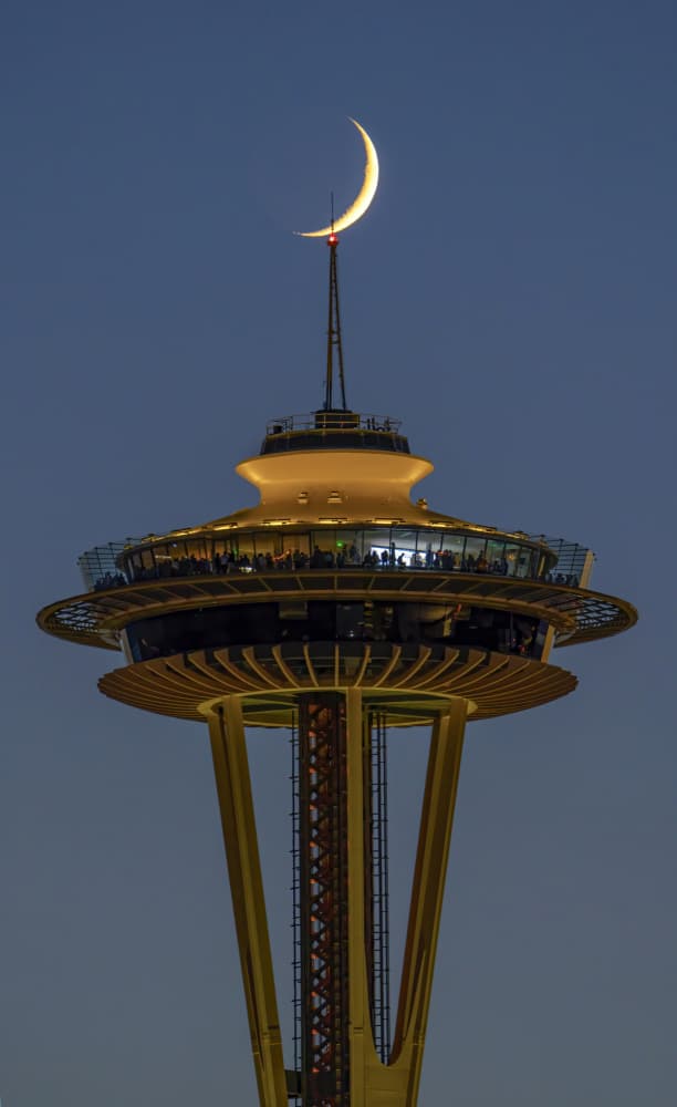 Space Needle Crescent Moon by Feng Qin — canvas wall art