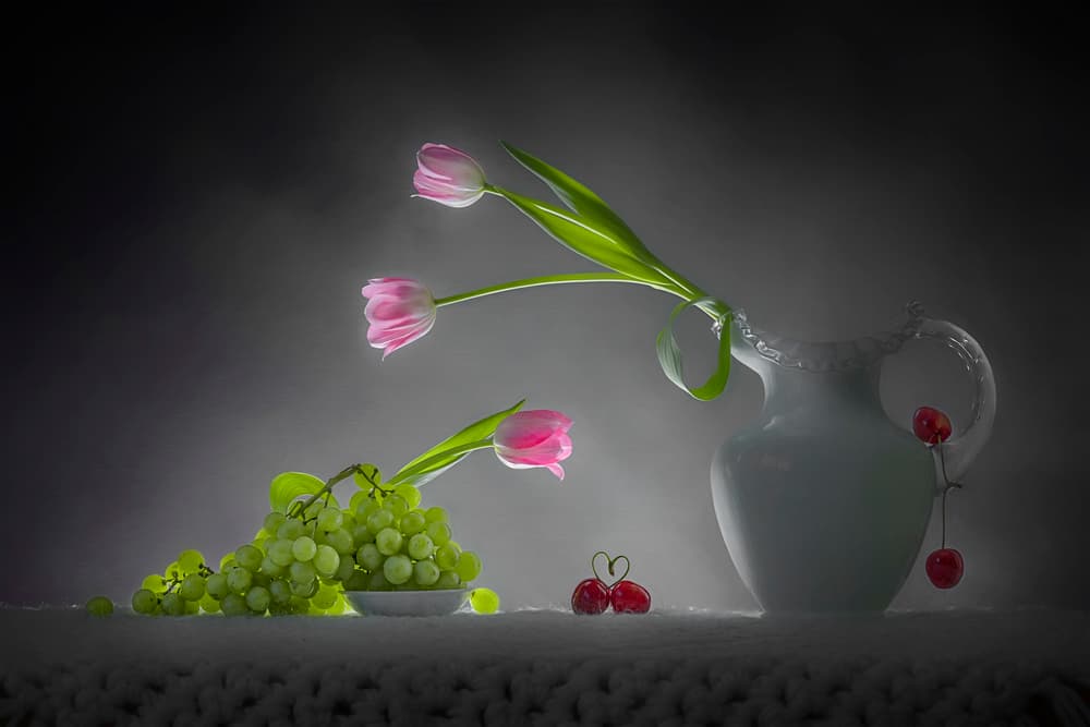 Romantic Tulips Fruit Still Life by Lydia Jacobs — canvas wall art