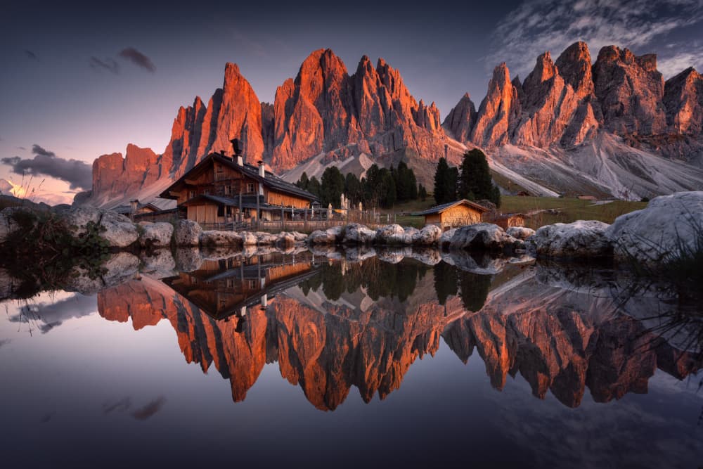 Alpine Lodge Mountain Reflection by Karol Nienartowicz — canvas wall art
