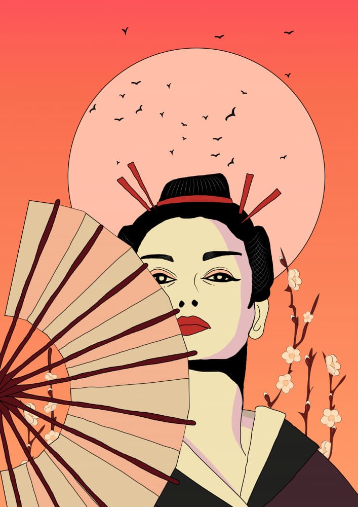 Japanese Geisha with Fan by Nicholas — canvas wall art
