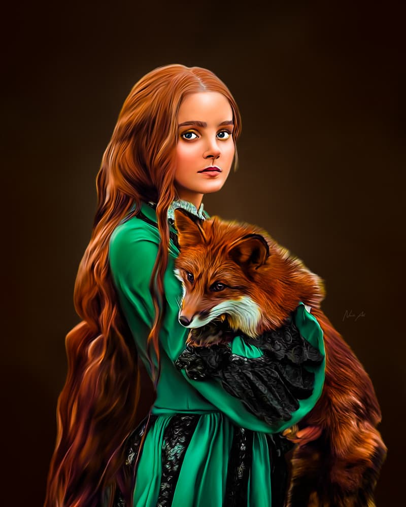 Red-Haired Girl with Fox by Lord Amihere — canvas wall art