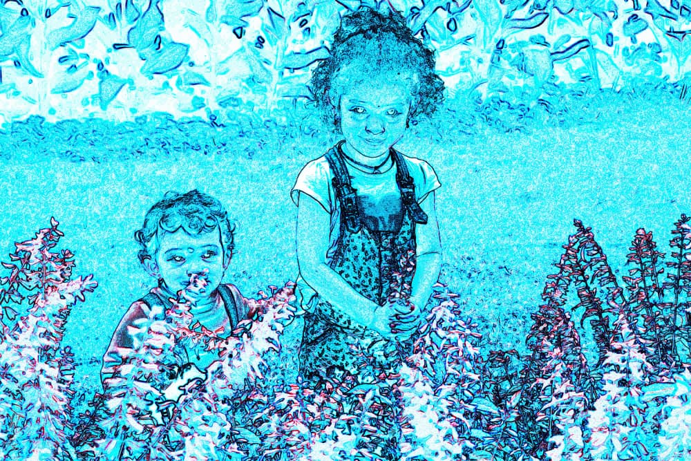 Children in Blue Flowers by Santhosh ch — canvas wall art