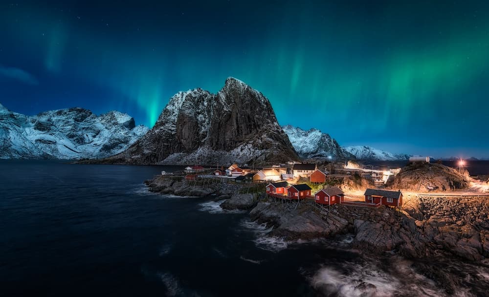 Northern Lights Fjord Village by Javier de la Torre — canvas wall art