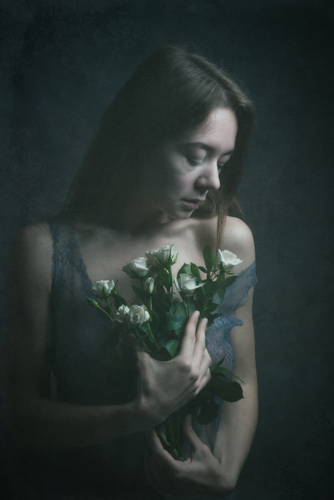 Pensive Woman White Roses by Ruth Franke — canvas wall art