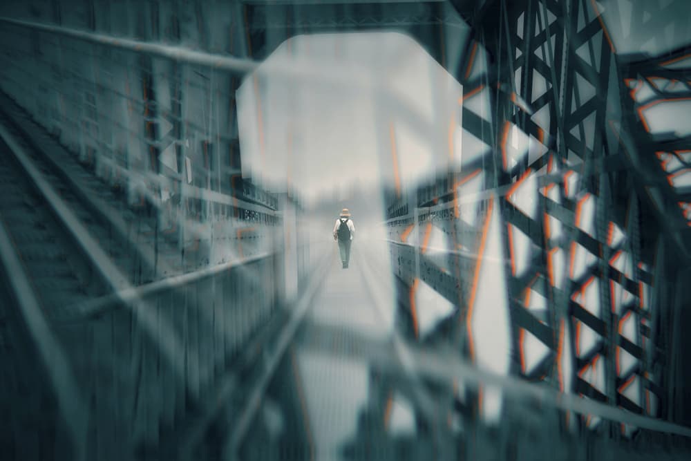 Man Walks Metal Bridge by MingLun Tsai (蔡明倫) — canvas wall art