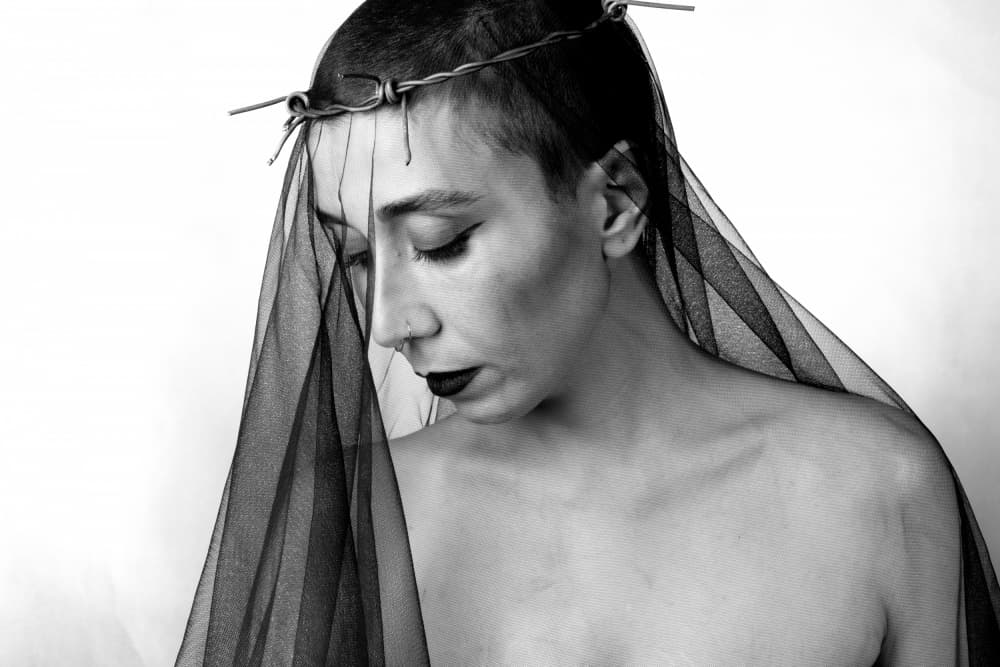 Barbed Wire Veil Portrait by Afshin Saeidinia — canvas wall art