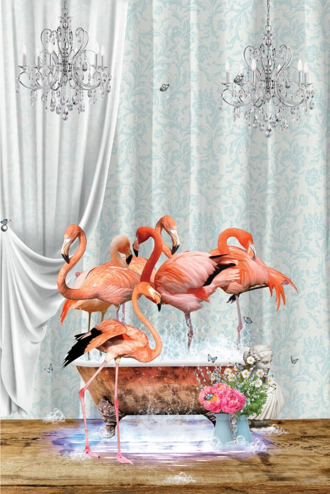 Whimsical Flamingo Bath by Sue Skellern — canvas wall art