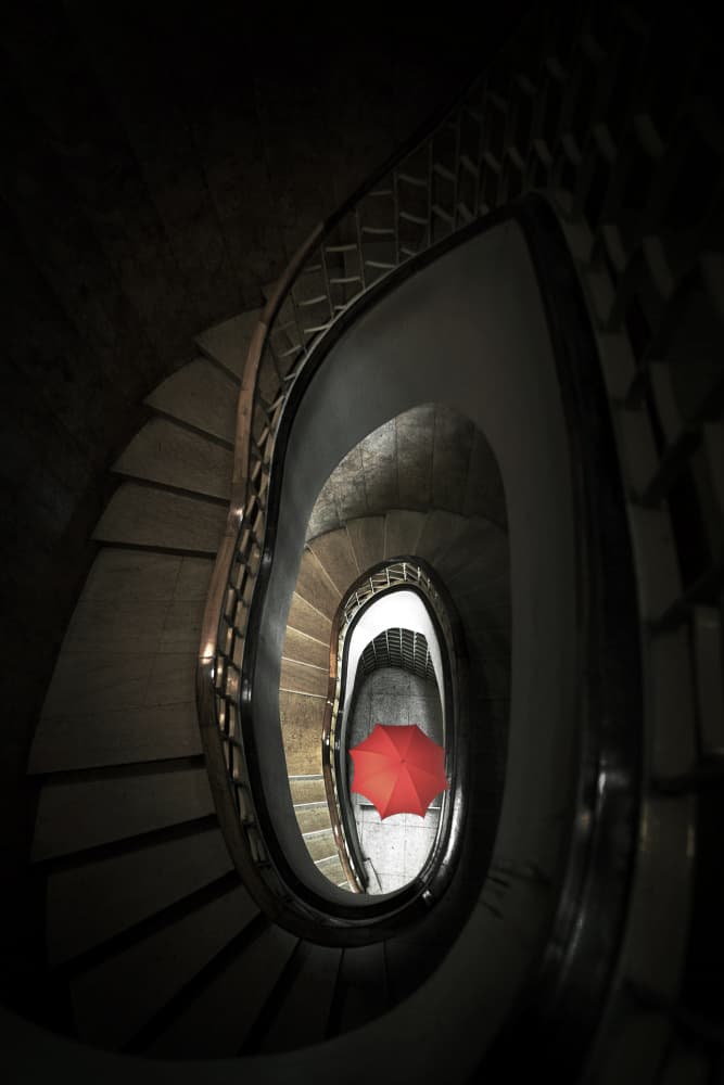 Dark Spiral Red Umbrella by Jorge Pimenta — canvas wall art
