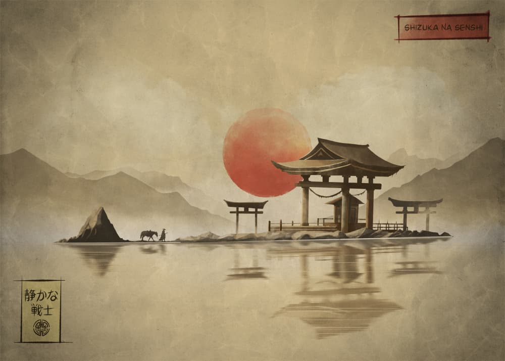 Japanese Temple Red Sun by Fadil Roze — canvas wall art