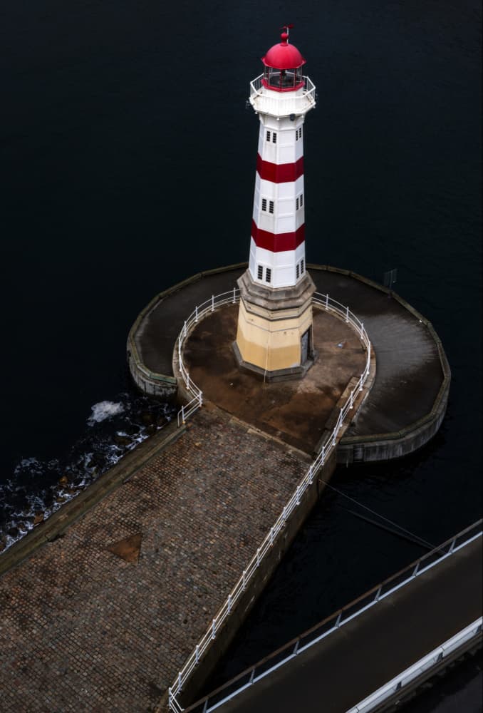 Red Striped Lighthouse Pier by Par Soderman — canvas wall art