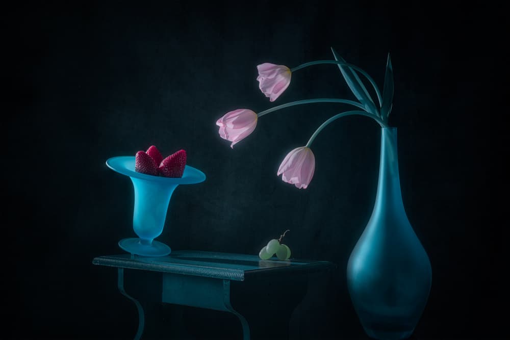 Pink Tulips and Strawberries by Lydia Jacobs — canvas wall art