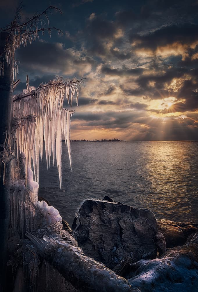 Frozen Icicles Sunset by Ben.C.L — canvas wall art