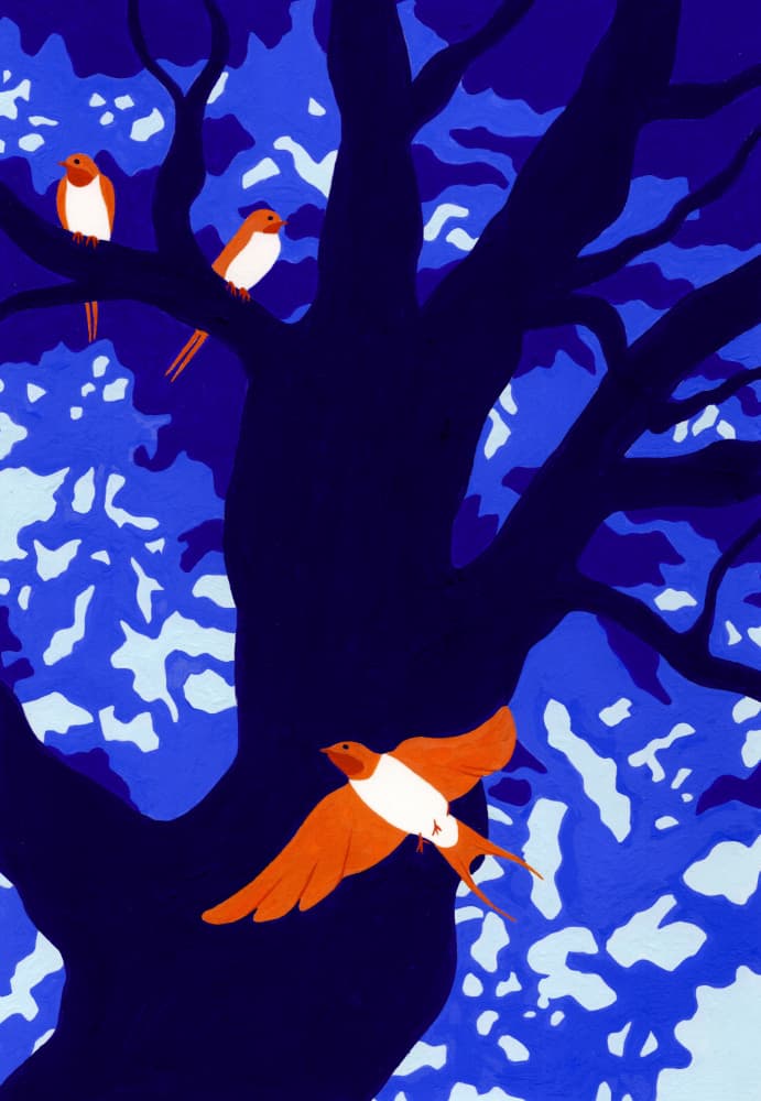 Orange Birds Blue Tree by Julie Lesouef — canvas wall art