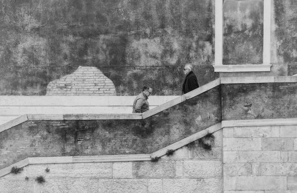 Two Men Urban Stairs by Lotte Grønkjær — canvas wall art