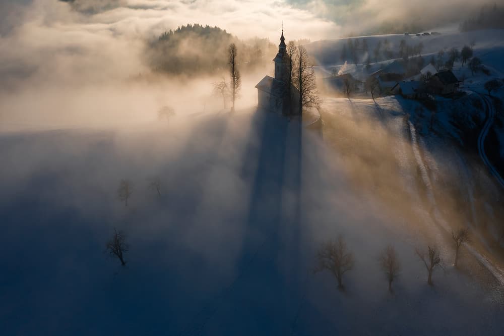 Church in Golden Fog by Jure Kravanja — canvas wall art