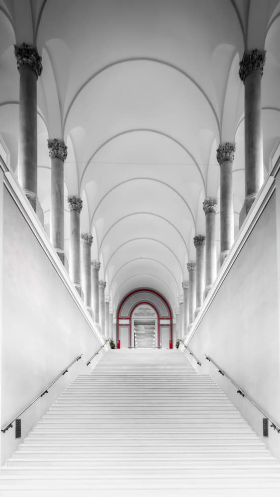 Red Archway Grand Staircase by Andy Dauer — canvas wall art