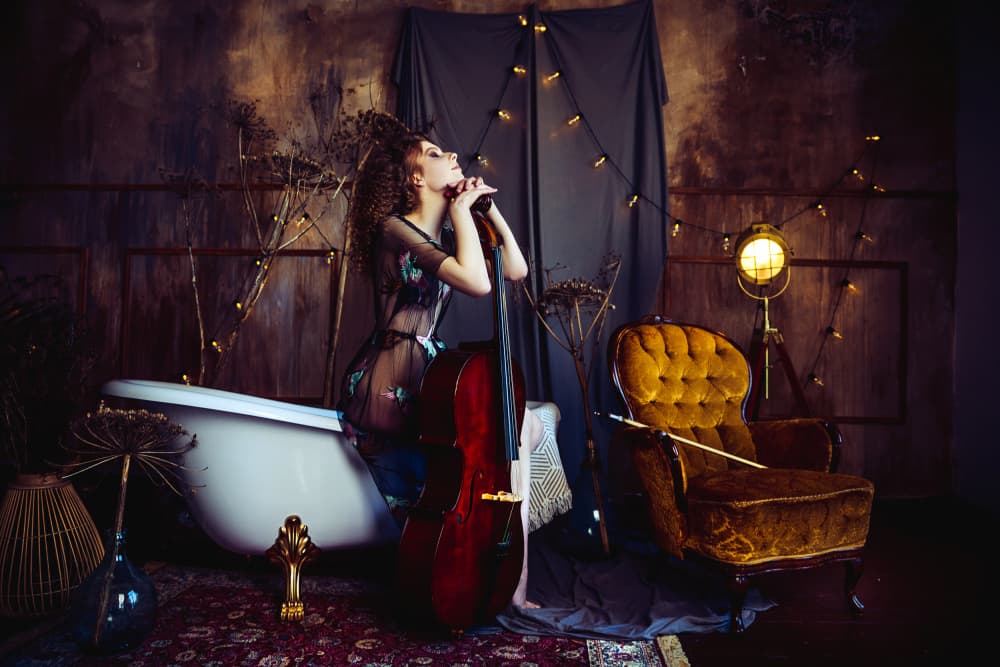 Moody Cello Portrait by Ruslan Bolgov — canvas wall art
