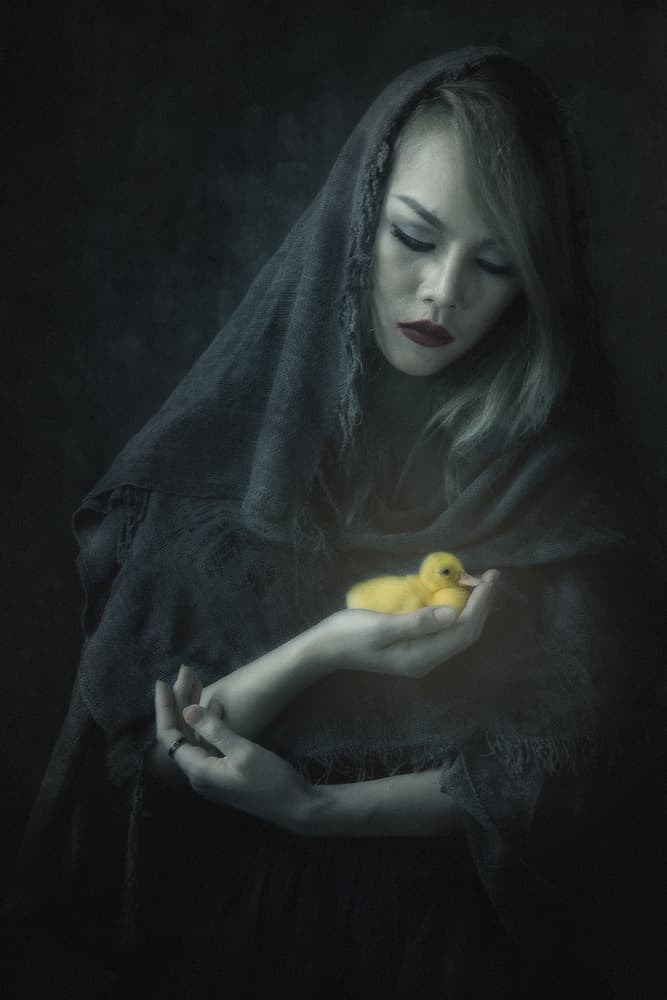 Pensive Woman With Duckling by Sebastian Kisworo — canvas wall art