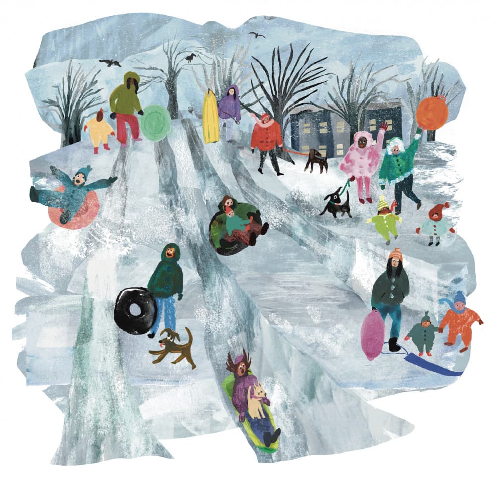 Happy Sledding Hill by Claire Hanley — canvas wall art