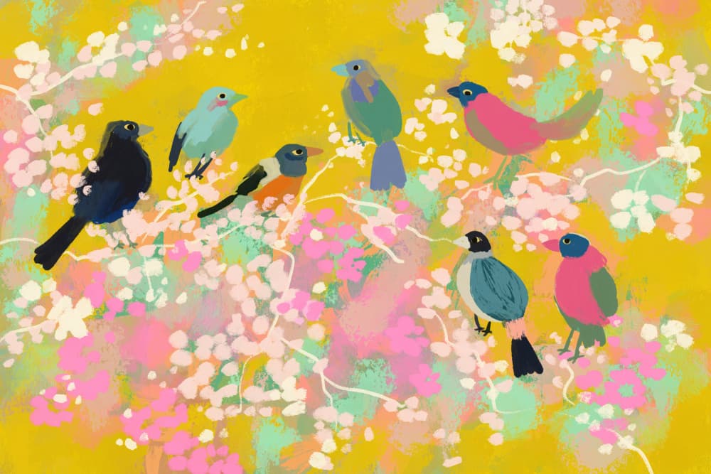 Vibrant Spring Birds by Treechild — canvas wall art