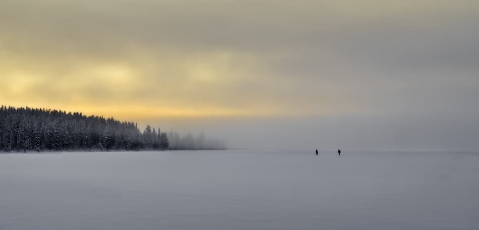Misty Frozen Lake Walk by Javier de la Torre — canvas wall art