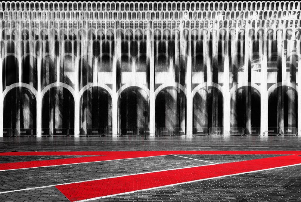Monochrome Arches Red Lines by Hans-Wolfgang Hawerkamp — canvas wall art