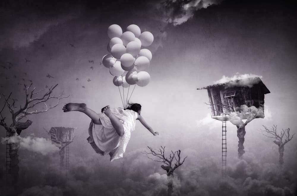 Girl Floating Balloons by Hari Sulistiawan — canvas wall art