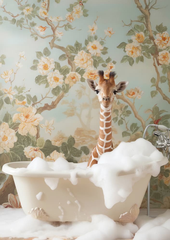Baby Giraffe Bubble Bath by Niky Rahner — canvas wall art