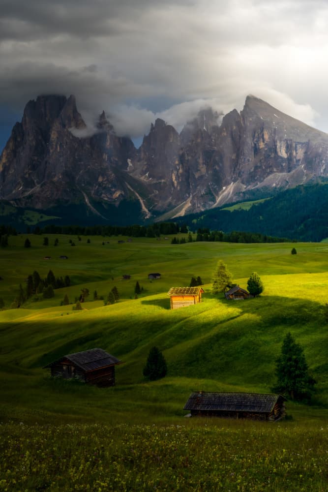 Sunlit Mountain Huts by Ti Wang — canvas wall art