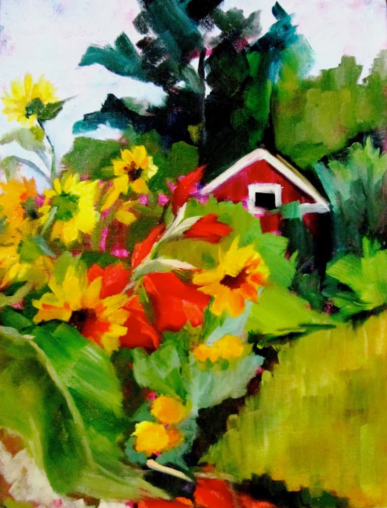 Colorful Barn Garden by Maxine Shore — canvas wall art
