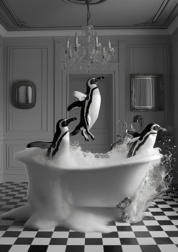 Splashing Penguin Bath by Niky Rahner — canvas wall art