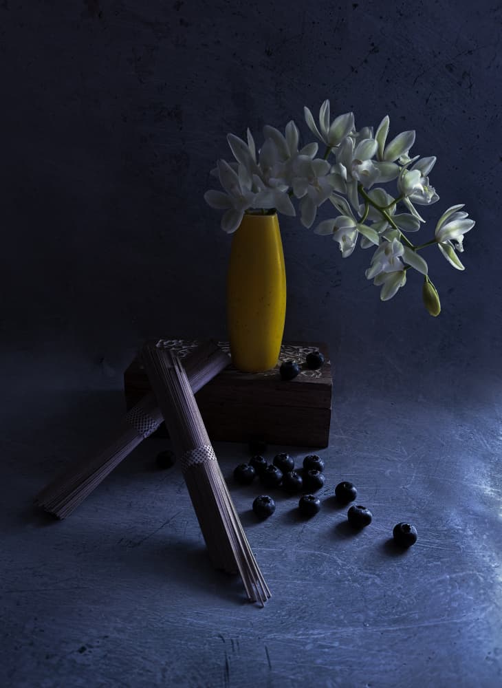White Orchids Yellow Vase by Judy Tseng — canvas wall art