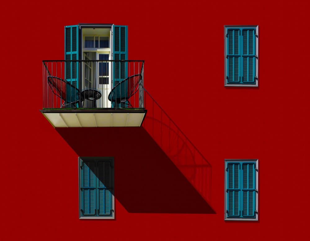 Red Building Blue Shutters by Arnon Orbach — canvas wall art