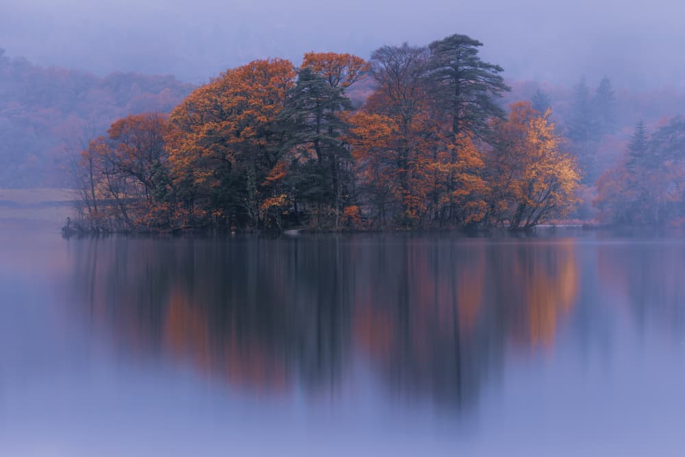 Misty Autumn Lake Island by Kutub Uddin — canvas wall art