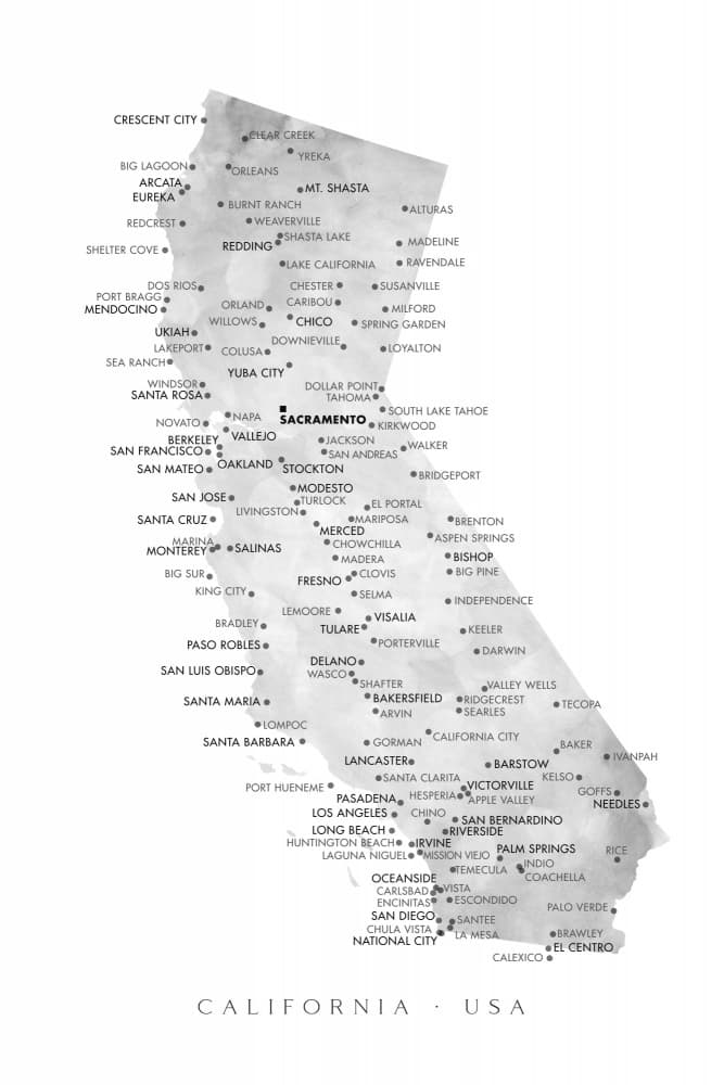 California Cities Map by Rosana Laiz Blursbyai — canvas wall art