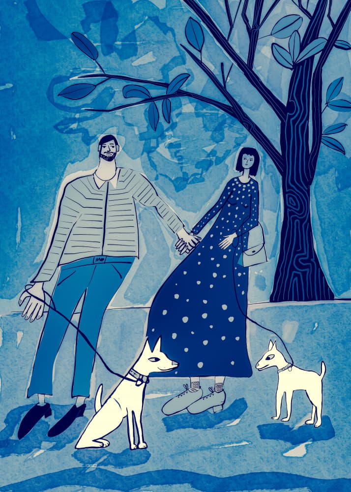 Couple Walking Dogs by Sharyn Bursic — canvas wall art