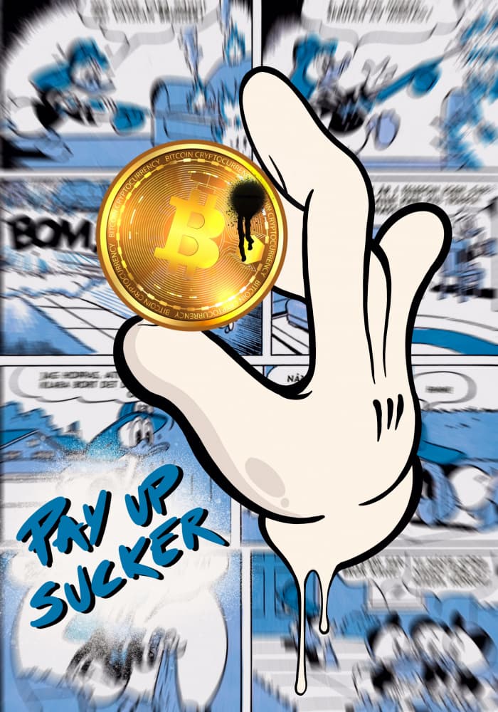 Golden Coin Comic Hand by Tomas Härstedt — canvas wall art