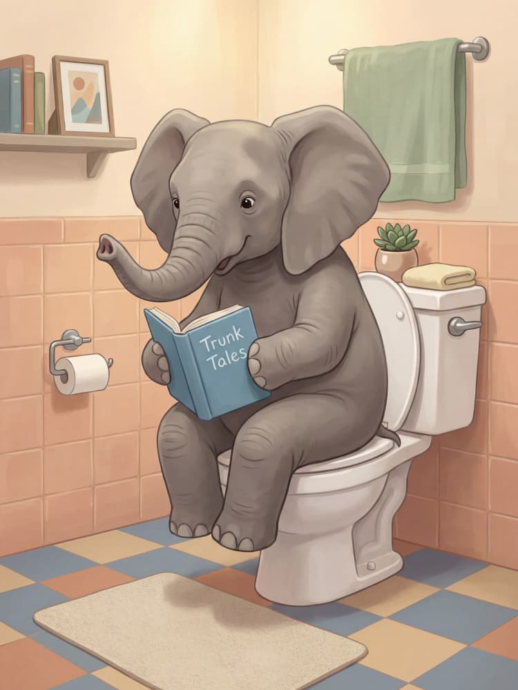 Elephant Reads on Toilet by Andreas Magnusson — canvas wall art