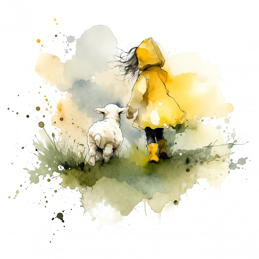 Child in yellow raincoat walking with lamb by Natalie Bruns — canvas wall art