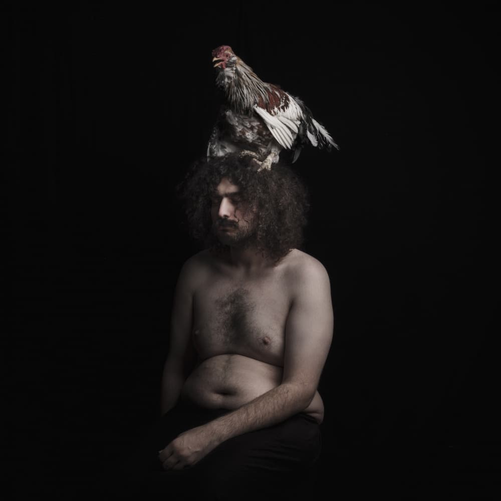 Moody Man and Rooster by Hooman Sedaghi — canvas wall art