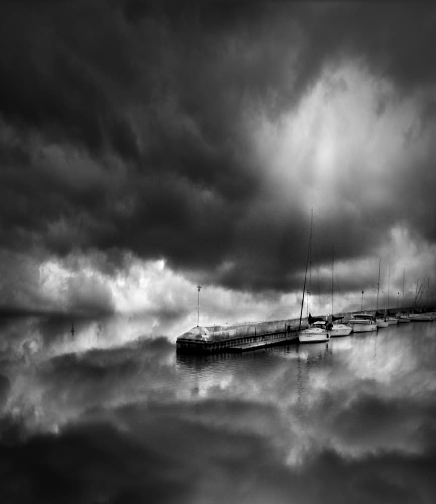 Dark Clouds Over Dock by David Senechal Photographie (polydactyle) — canvas wall art