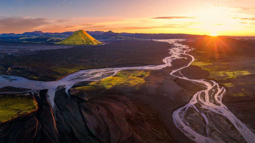 Braided River Sunset Landscape by Chao Feng 天馬 — canvas wall art