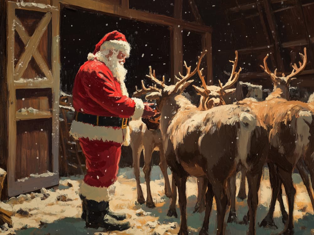 Santa's Winter Reindeer by Jolly and Dash — canvas wall art