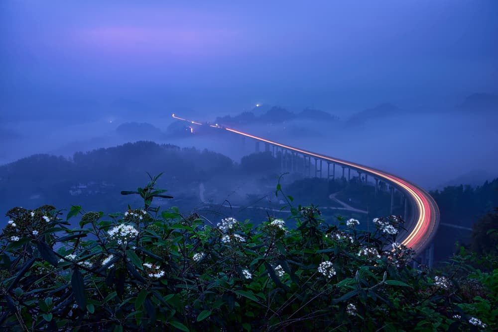 Mountain Bridge Light Trails by Mei Xu — canvas wall art