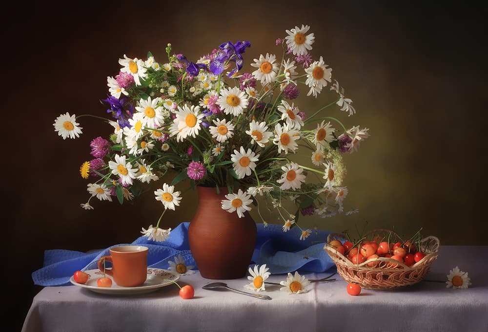 Daisies and Cherries Still Life by Tatyana Skorokhod — canvas wall art