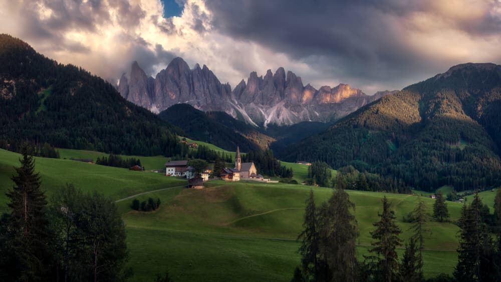 Dolomites Valley Church by Ricardo Gayan — canvas wall art