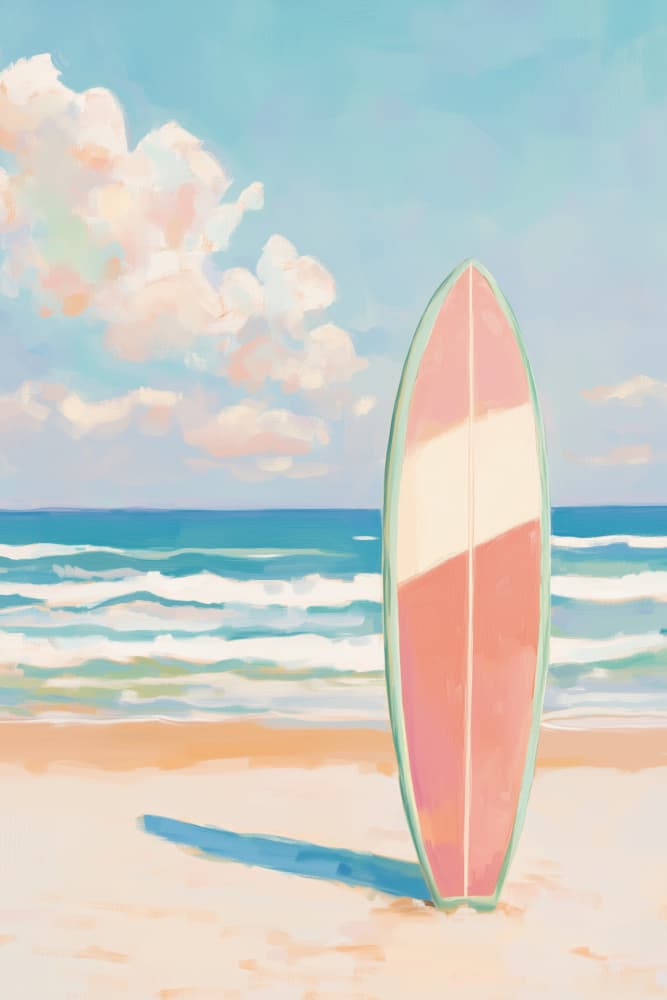 Pink Surfboard Beach Day by Melloi Art Prints — canvas wall art