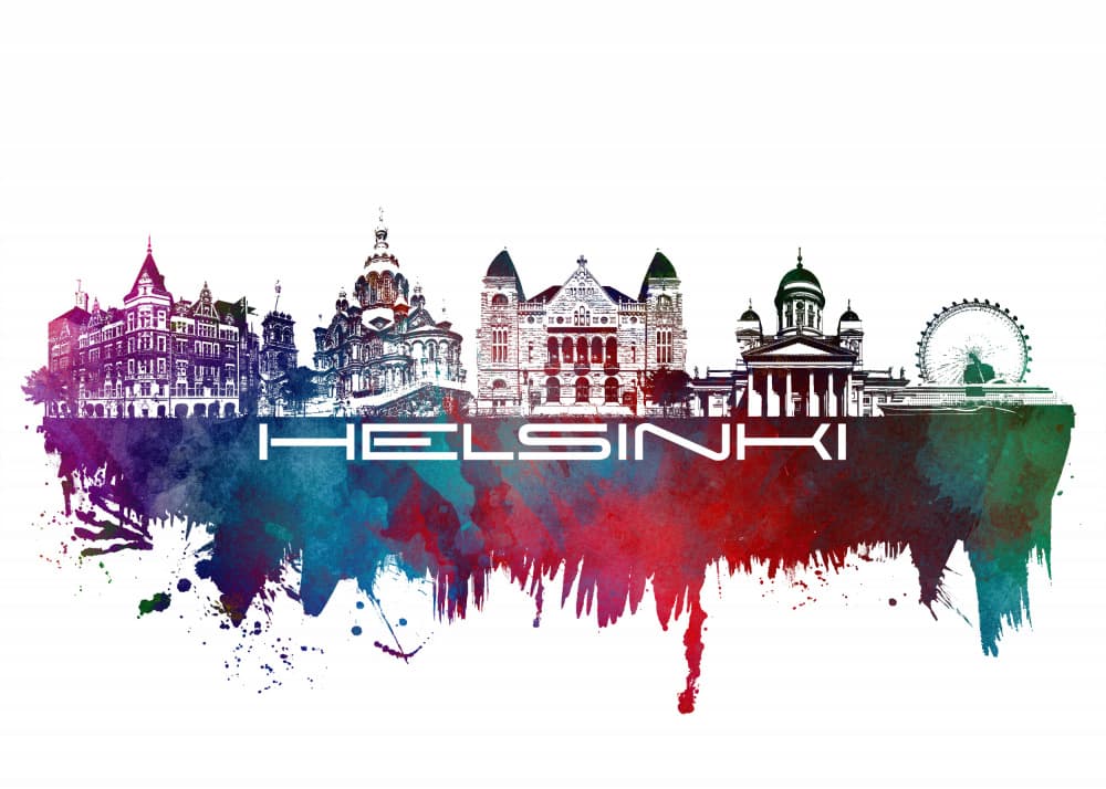 Helsinki Colorful Skyline by Justyna Jaszke — canvas wall art